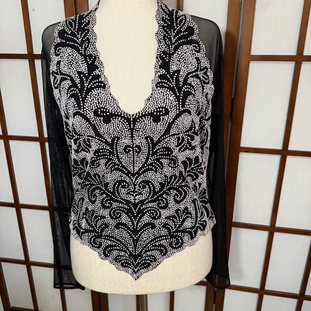 Cartise 14/L Mesh Top Sequins Beaded Halter Sheer Sleeve Evening Date Night Top